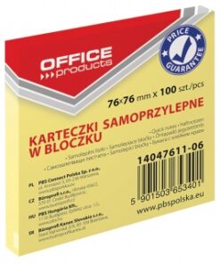Bloczek samoprzylepny OFFICE PRODUCTS, 76x76mm, 1x100 kart., pastel, jasnożółte